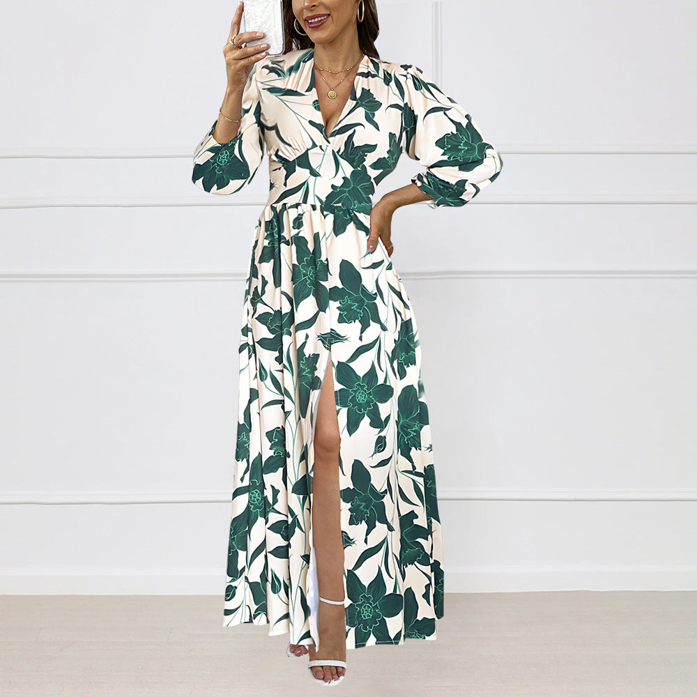 Women's Autumn Floral V-Neck Dress with 3/4 Sleeves