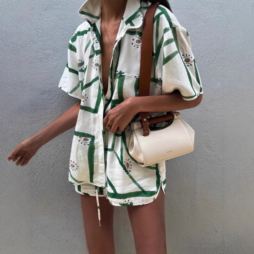 Printing Loose Short Sleeve Shirt Contrast Color Casual Set