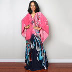 Pink beach dress one-piece swimwear with colorful abstract print and wide kimono sleeves