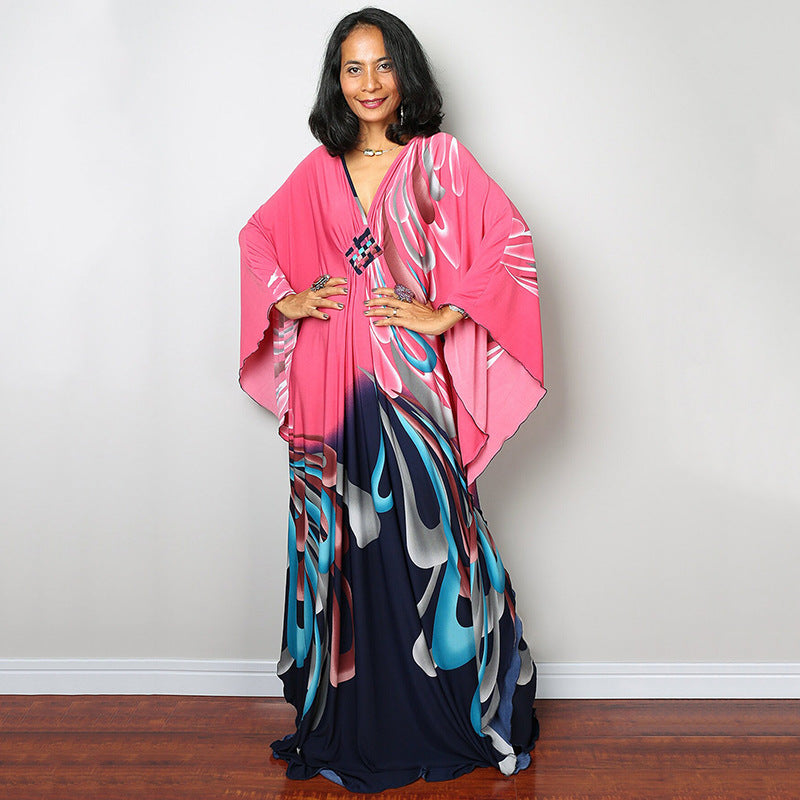 Pink beach dress one-piece swimwear with colorful abstract print and wide kimono sleeves