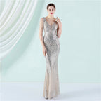 Women's Sequin Beaded Fishtail Evening Maxi Dress