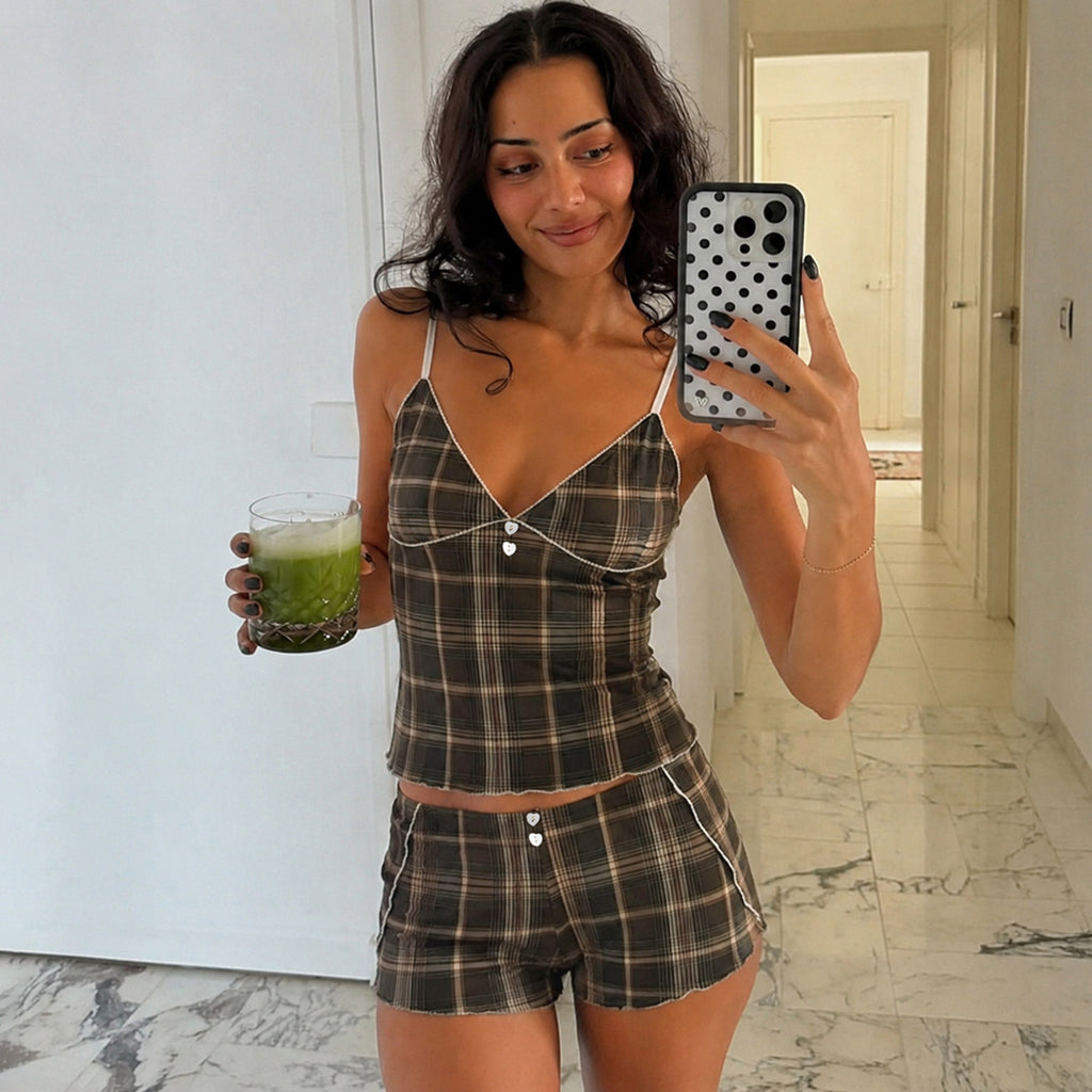 Women's Plaid Suspender Pajamas Summer Heart Buckle White Covered