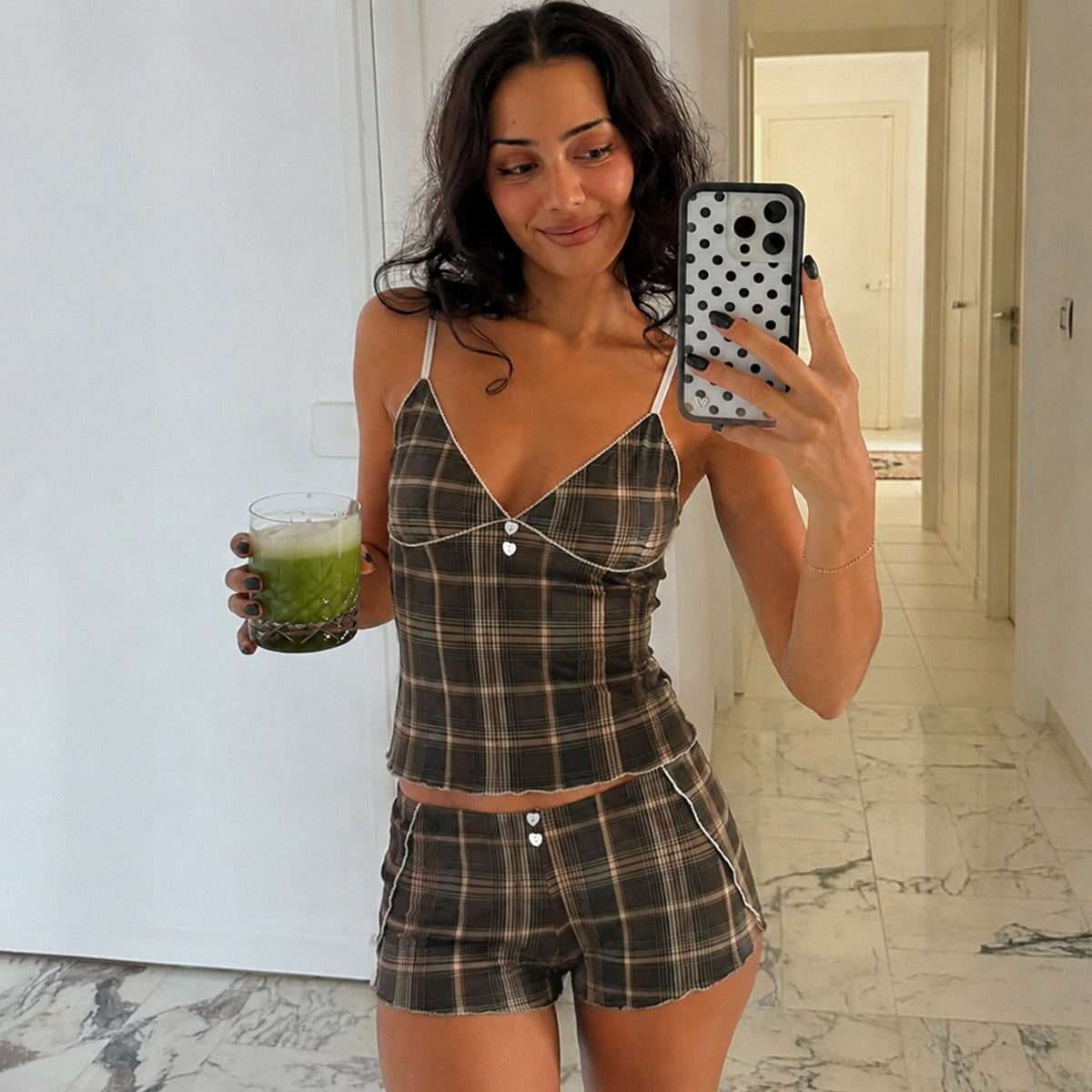 Women's Plaid Suspender Pajamas Summer Heart Buckle White Covered