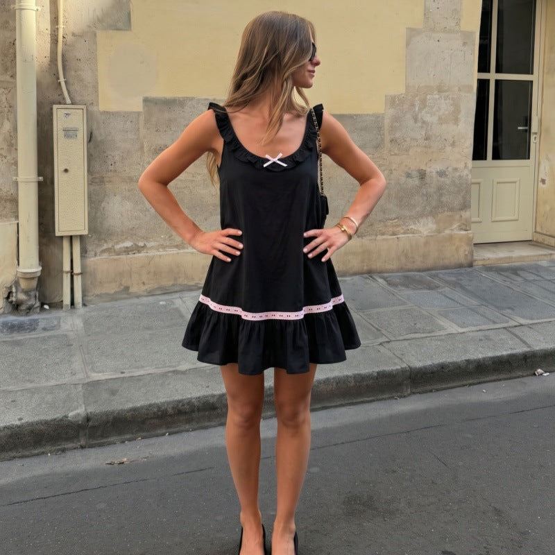 Women's Bow Pleated Ruffle Mini Dress