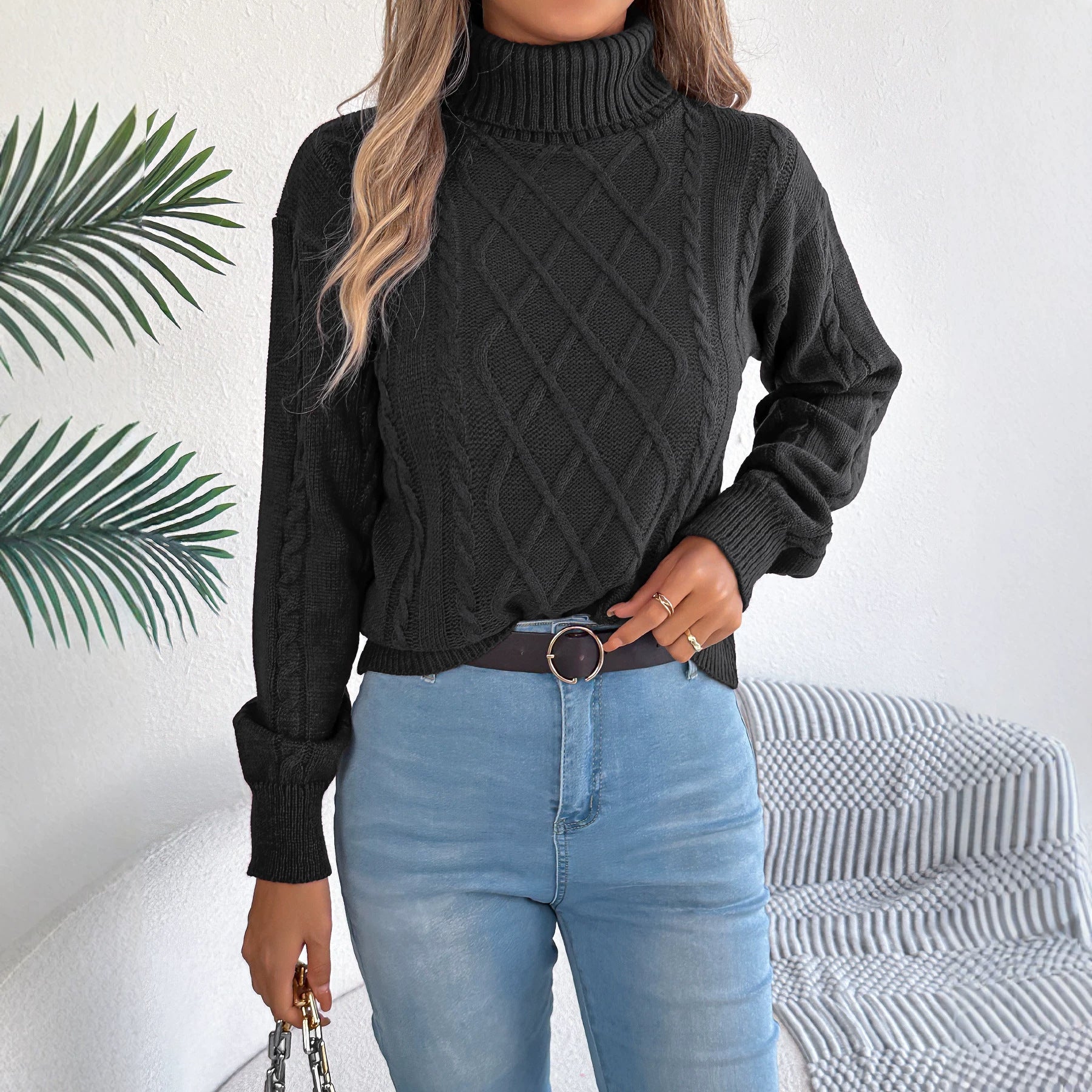 Women's Cable-Knit Turtleneck Sweater With Puff Sleeves