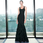 Women's Elegant Black Shiny Silver Silk Fabric Rose Floral Dress Slim Fit Waist Trimming