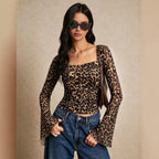 Women Clothing Square Collar Leopard Print Mesh Long