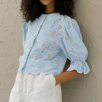 Embroidery Short Shirt Flared Sleeves Cropped Exposed Shirt Top