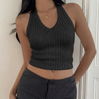 Halterneck Vest Backless Ultra Short Sunken Stripe Slim Top