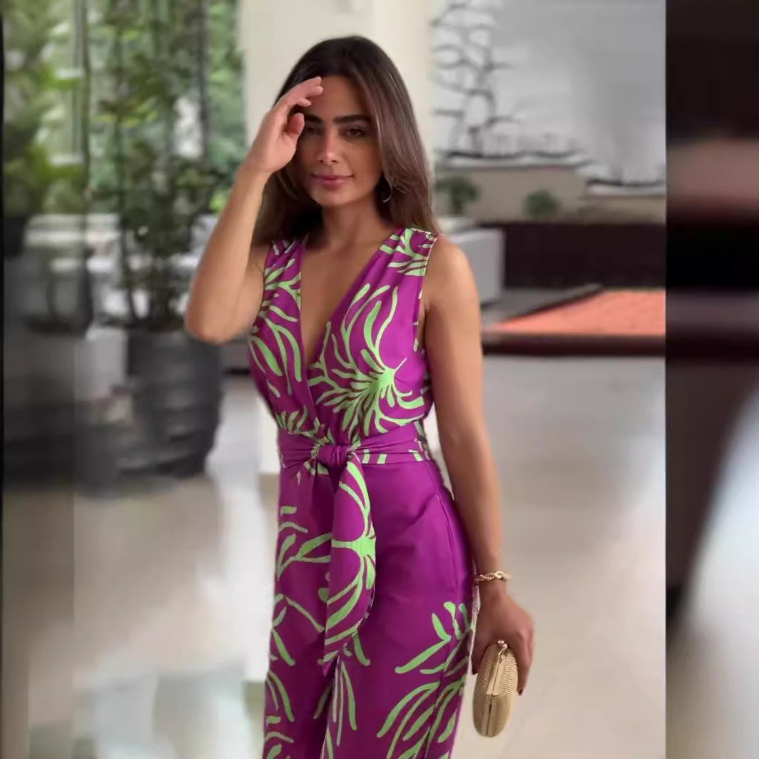 Spring Printed V-Neck Sleeveless Slim Belt Wide Leg Jumpsuit