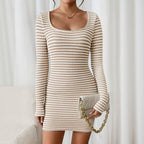 Women's Autumn Winter Solid Color U Neck Long Sleeve Sheath Dress Women High Waist Trendy Wear