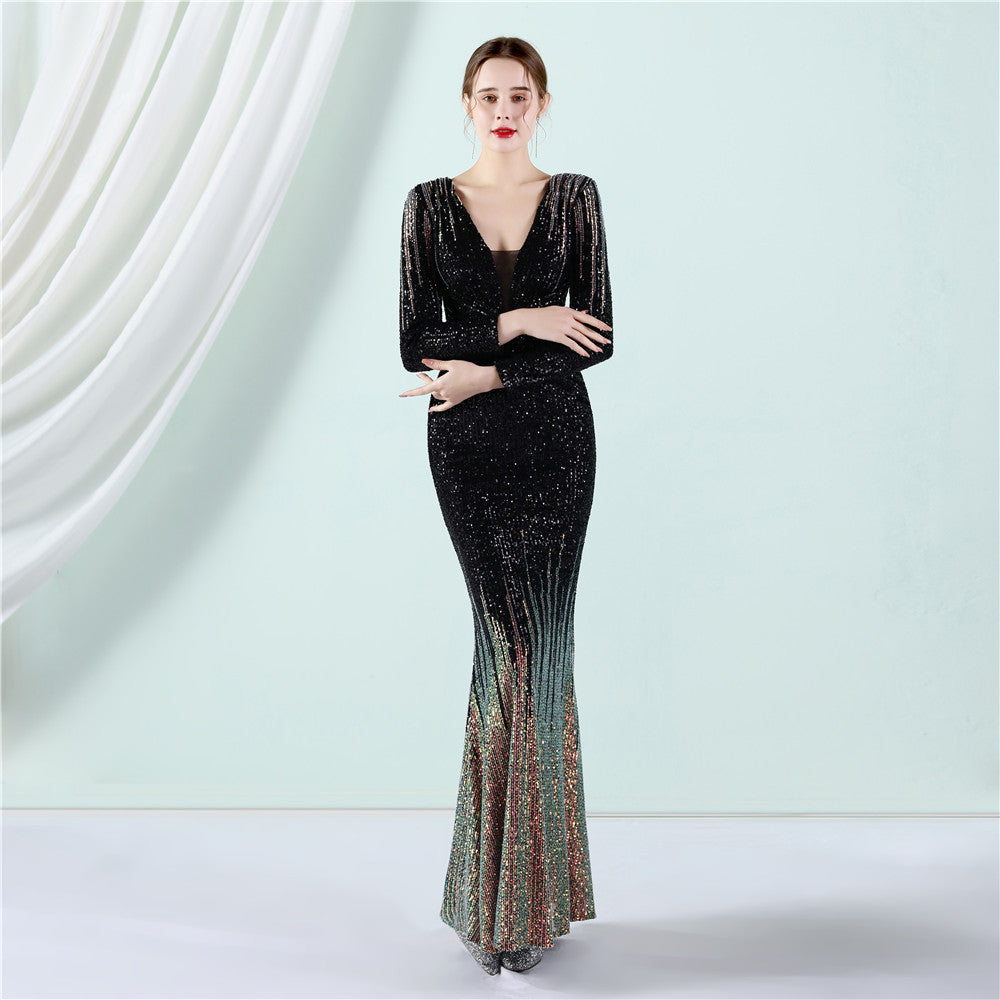 Women's Gradient Sequin Long Sleeve Evening Dress Long Sequin Dress Toast