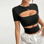 Women’s Black Cutout Slim Fit Short Sleeve Top