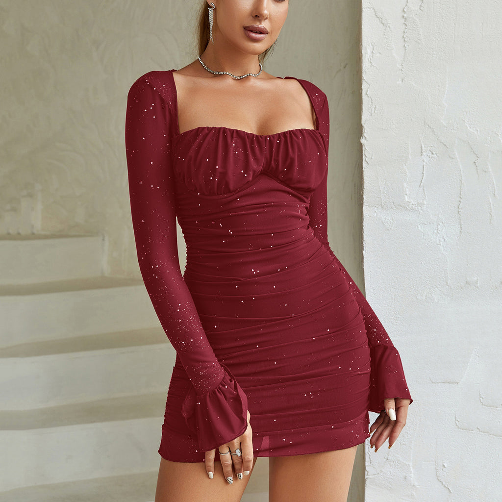 Women's Sequin Mesh Square Neck Backless Dress