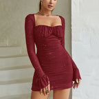 Women's Sequin Mesh Square Neck Backless Dress