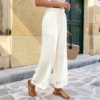Holiday Pants Lace Stitching Elastic Waist Solid Color Wide Leg