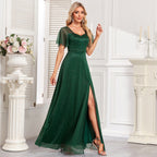 Women's Elegant Short Sleeve Square Collar Shiny Bright Tulle Evening Dress