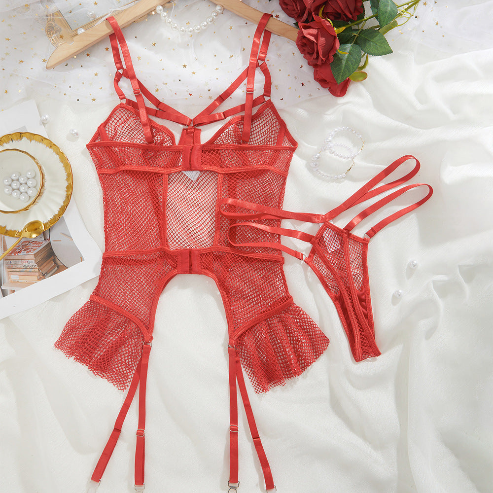 Sexy Lingerie Uniform Sexy Sexy Cutout Fishnet Clothes Suit Ruffled Garter Belt