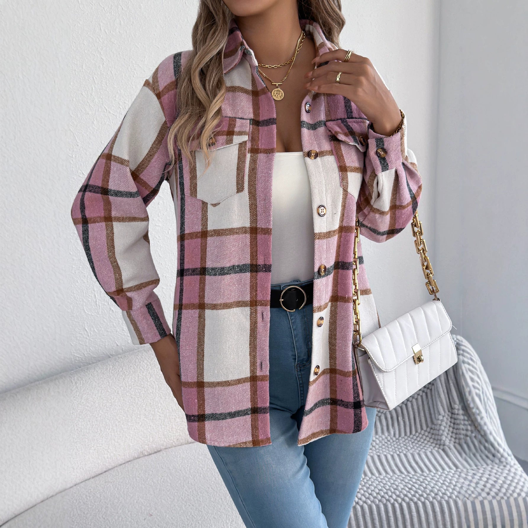 Women's Plaid Mid-Length Wool Coat