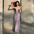 Summer Sweet Spicy Off-Neck Mesh Floral Print Long Strappy Dress