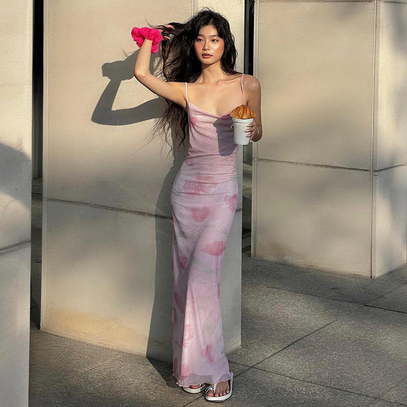 Summer Sweet Spicy Off-Neck Mesh Floral Print Long Strappy Dress