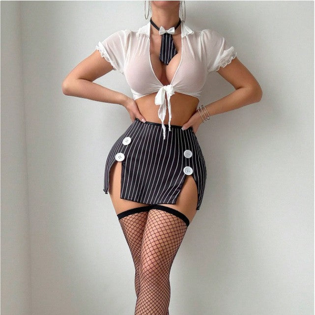 Sexy Nightclub Cod Secretary Deep V Plunge Push up Hip Skirt Sexy Lingerie Set