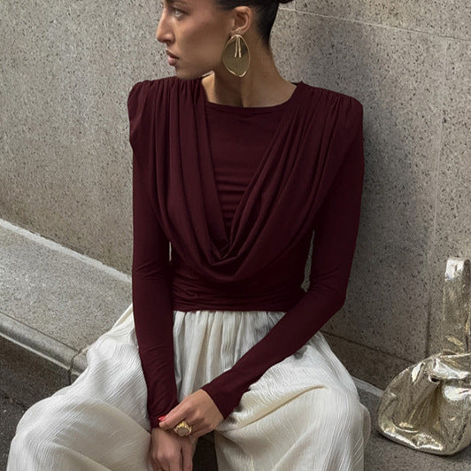 Women's Pleated Waist Tight Swing Collar Long Sleeved T Shirt Women Autumn Winter Beautiful Bottoming Top