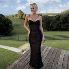 Women's Slim Fit Pleated V Neck Sexy Backless Mesh Strap Elegant Dress