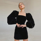 Autumn Winter Halloween Square Collar Black Long Pleuche Dress Hip
