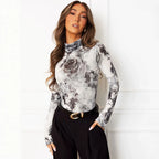Atmosphere Ink Rose Printed Long-Sleeved Bottoming Shirt
