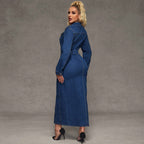 Collared Button-Front Denim Bodycon Maxi Dress