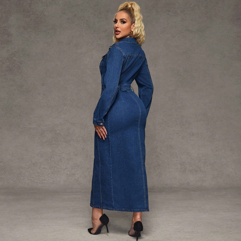 Collared Button-Front Denim Bodycon Maxi Dress