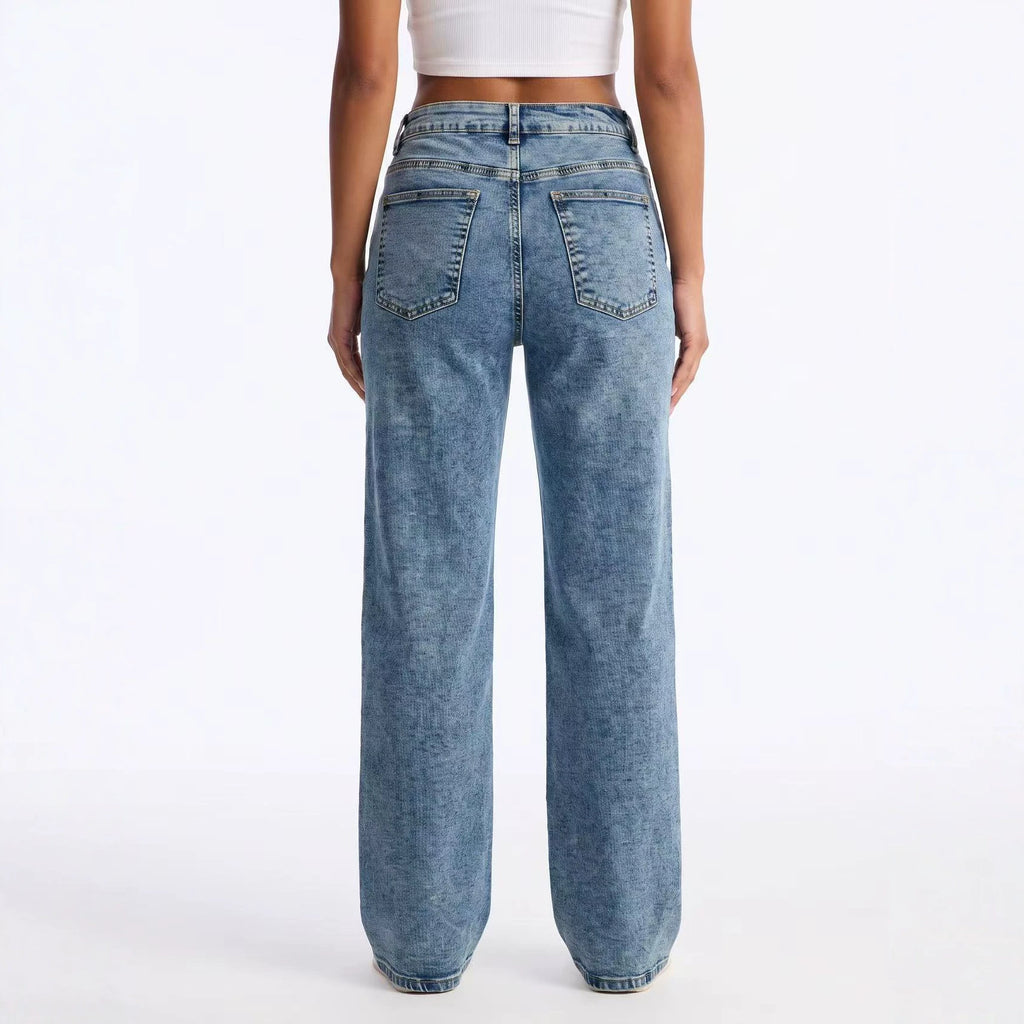 Women's Blue Distressed Straight-Leg Jeans