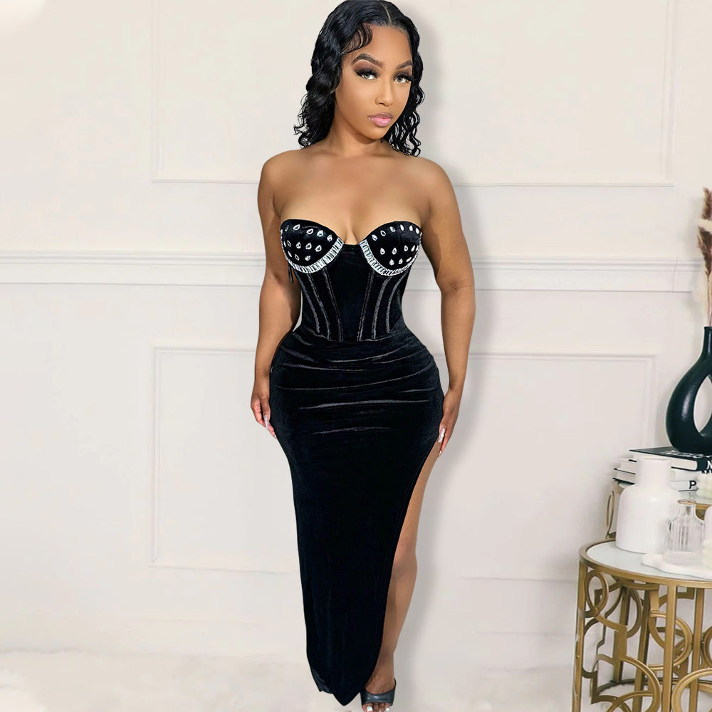 Tube Top High Slit Solid Color Rhinestone Dress