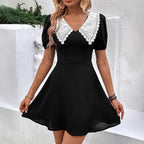 Women's Summer Sweet Spicy Short Dress Contrast Color Doll Collar Puff Sleeve Dress