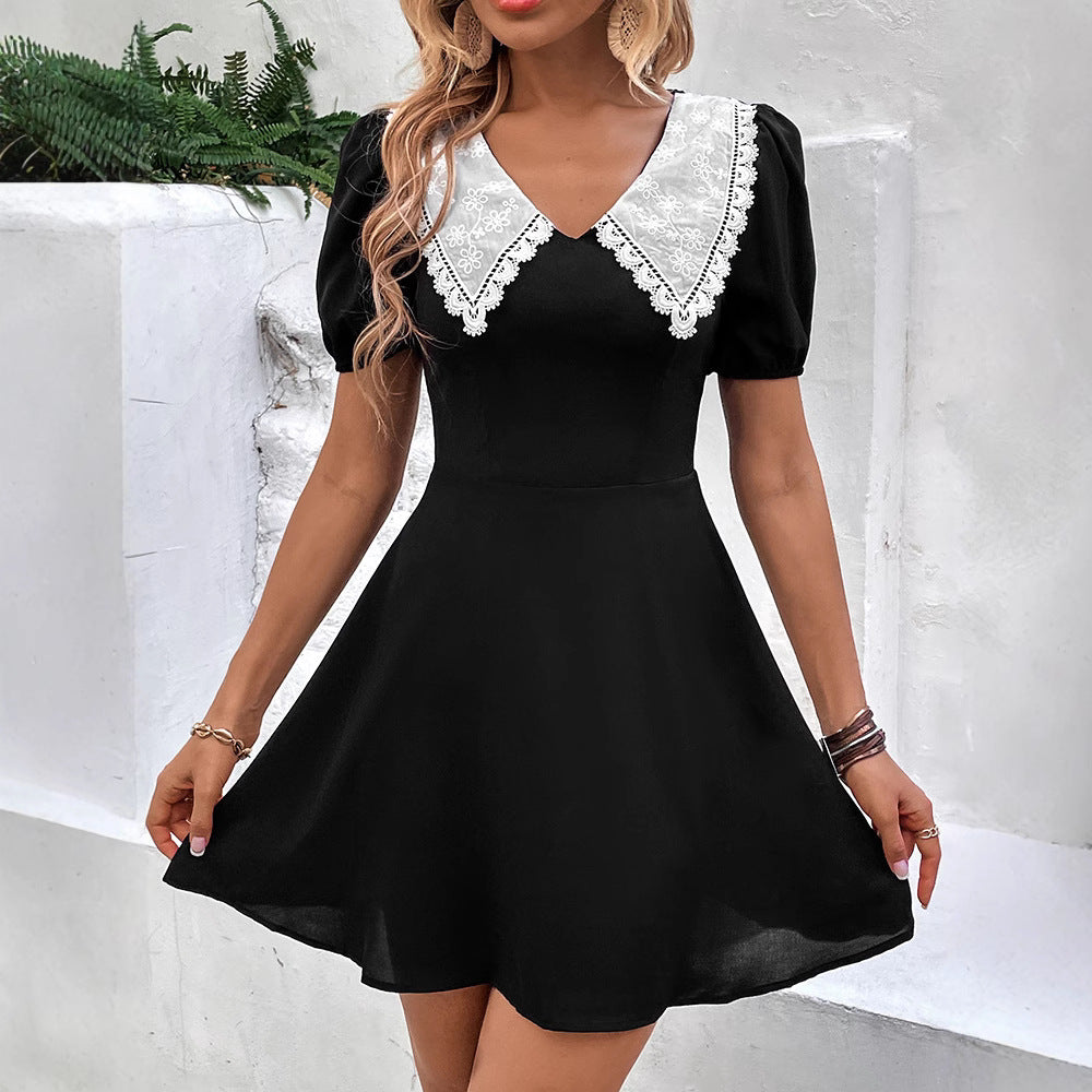 Women's Summer Sweet Spicy Short Dress Contrast Color Doll Collar Puff Sleeve Dress