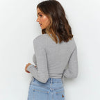 Women's Ribbed Drawstring Long Sleeve Crop Top