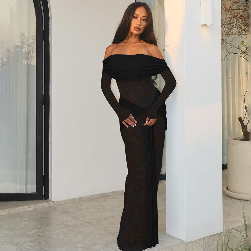 Women's Off-Shoulder Lace Long-Sleeve Maxi Dress