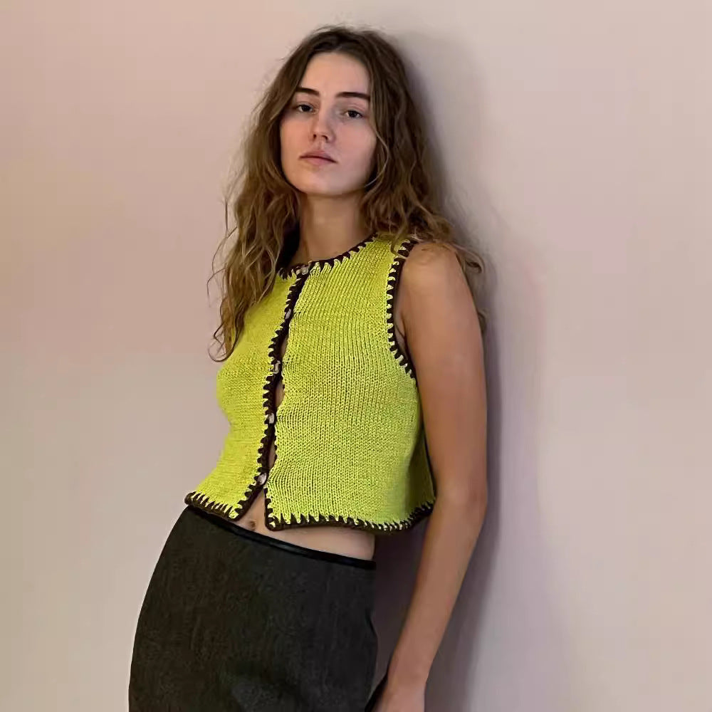 Women's Contrast Color Ultra Short Woolen Vest Embroidered Vest Top Women