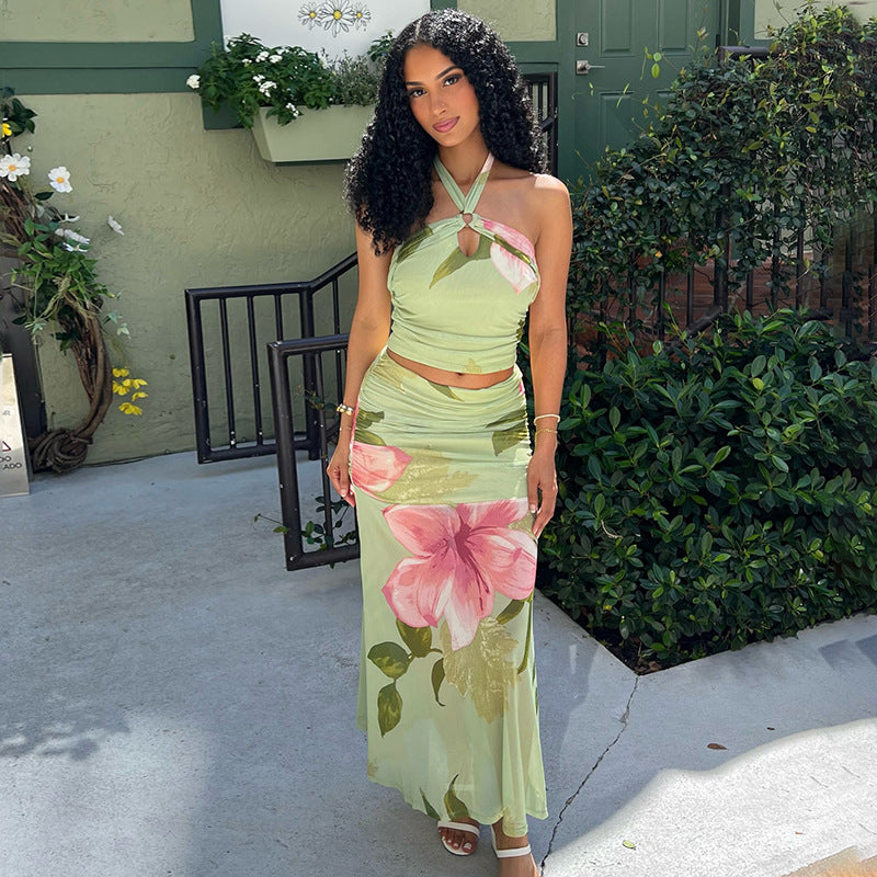 Women Printed Summer Fresh Skirt Cross Halterneck Backless