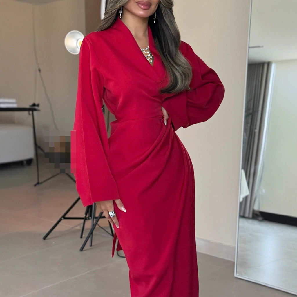 Women Clothing Fall Sexy Pleated Long Sleeve V neck Dress