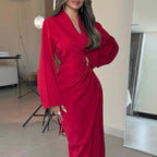 Women Clothing Fall Sexy Pleated Long Sleeve V neck Dress