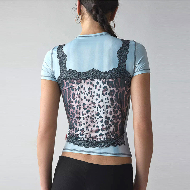 Women’s Blue Leopard Print Lace Top