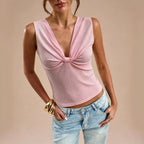 Women Clothing Summer High Grade V neck Knot SL Top Texture
