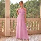 Women's Pink Deep V-Neck Backless Evening Maxi Dress