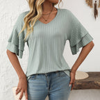 Women's V-Neck Ruffle Sleeve Short Sleeve Top