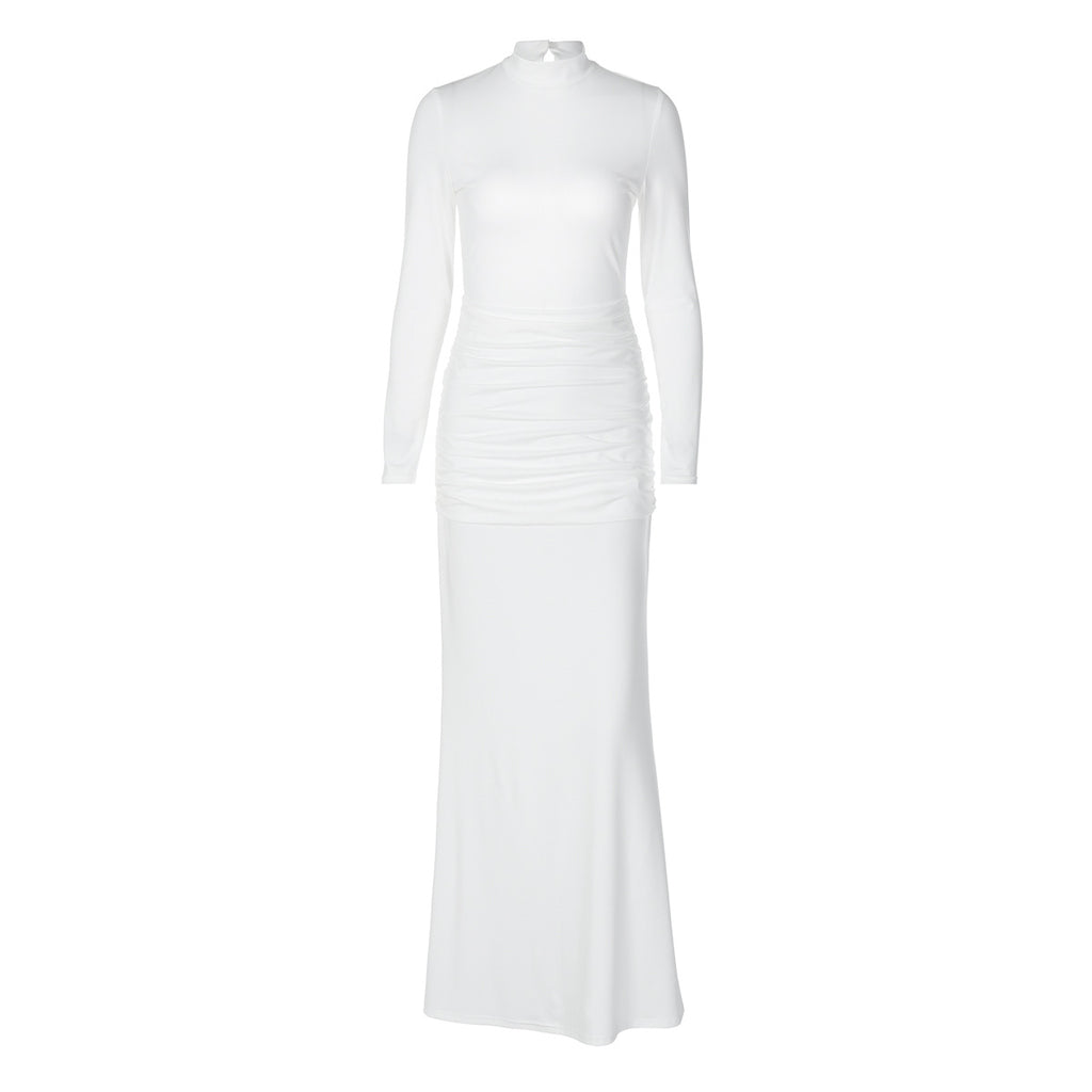Solid Color Long Sleeve Fishtail Dress Button Backless