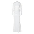 Solid Color Long Sleeve Fishtail Dress Button Backless