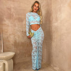 Women's Lace High-Waisted Long-Sleeve Two-Piece Skirt Set