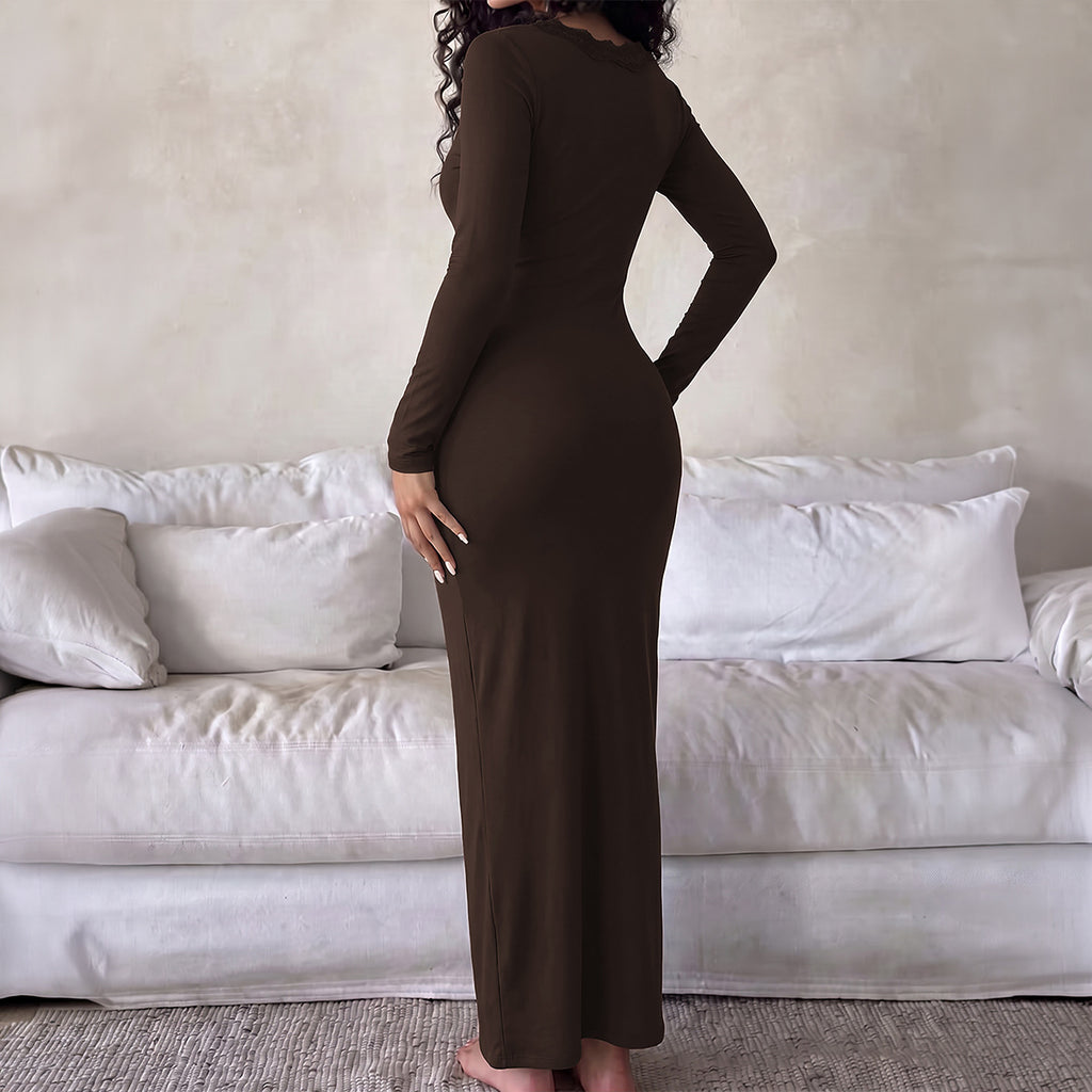 Autumn Young Lace V Neck Long Sleeve Dress